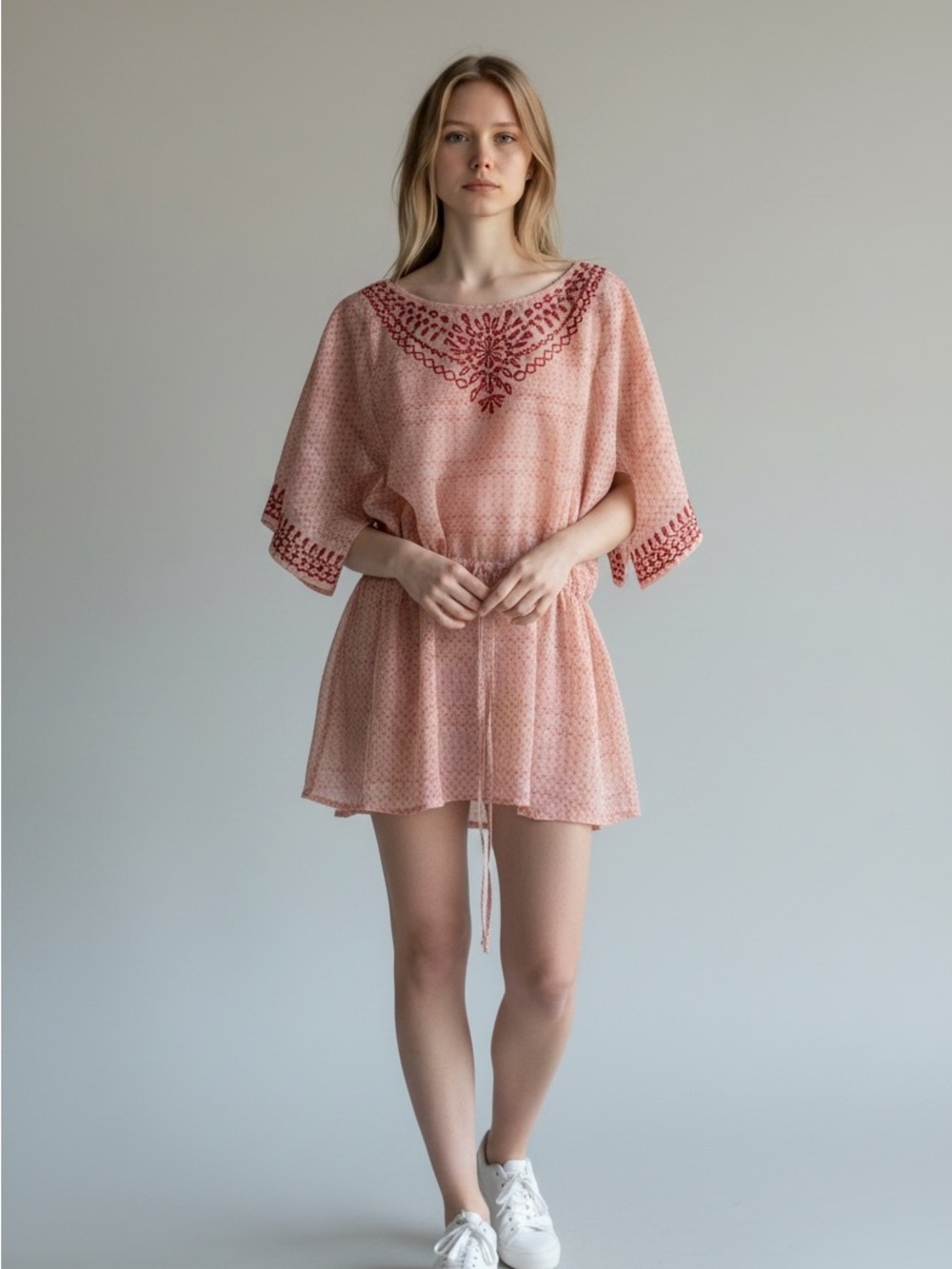 Anthropologie Pink Tunic with Red Embroidered Accents